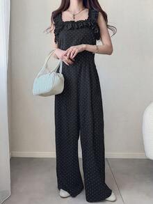 FRIFUL Bộ áo liền quần nữ chấm bi xếp ly bồng bềnh, thích hợp mặc hàng ngày, đi nghỉ mát và du lịch. - màu đen - Xem 5