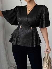 Elenzga 交叉绑带金属金色面料加大码法式优雅通勤荷叶袖小众设计聚会婚礼派对短袖修身腰部上衣荷叶边上衣女式上衣优雅黑色女式上衣缎面女式上衣荷叶边上衣优雅女式上衣女式荷叶边上衣女式短袖上衣女式衬衫高贵典雅 - 黑色 - 查看 5