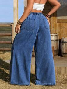 EMERY ROSE Plus Size Women Casual Vacation Daily Commute Versatile Pleated Loose Wide-Leg Jeans - Medium Wash - View 2