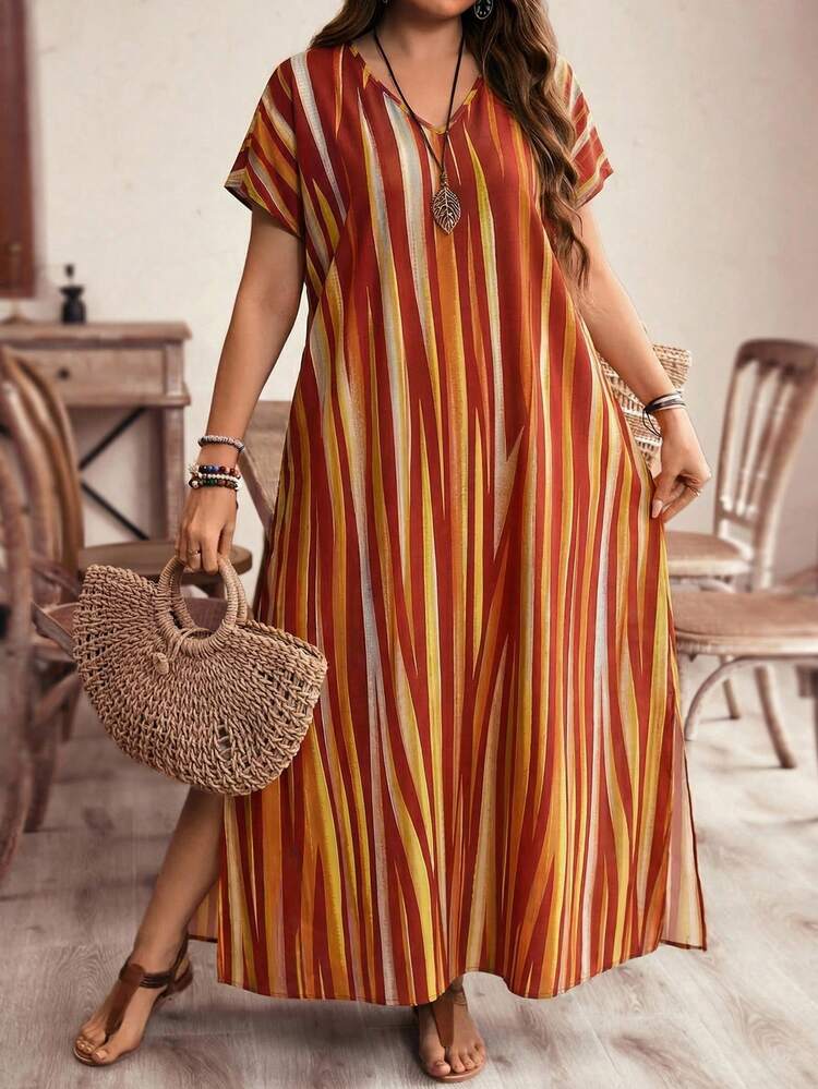 Plus Size Women's Striped Color Block Side Reflected Color Striped Maxi Long Beach Dress For Vacation Women Vacation Dress Boho Summer Dress Women Stripe Dresses For Women