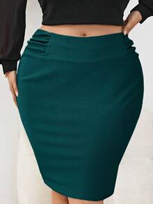 SHEIN Tall CURVE 大码女式夏季休闲/办公通勤纯色高腰褶裥修身铅笔裙 - 綠色 - 查看 3