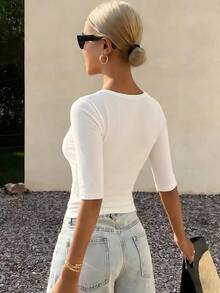 DAZY Women's Summer Square Neck Fitted Ribbed Casual Short Sleeve T-Shirt - White - View 2