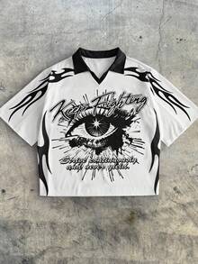 AXEPEAK Camisa polo casual de hombre con cuello vuelto, estampado de letras y ojos, para verano - Blanco - Ver 1