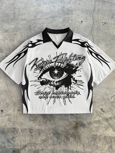 AXEPEAK Men's Casual Letter & Eye Print Polo Shirt With Turndown Collar, Summer