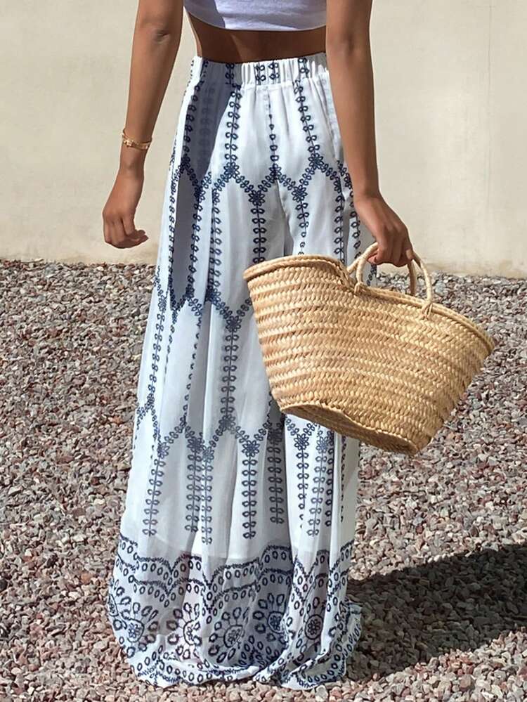 Floral Print Loose Wide Leg Pants, Casual Summer Holiday Trousers For Women