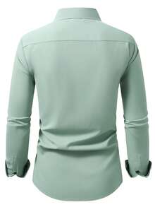 Manfinity Mode Men's Contrast Color Long Sleeve Single-Breasted Pocket Casual Shirt, Formal - Army Green - View 2