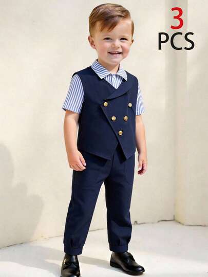 SHEIN 三件套/经济实惠的休闲运动学院风彩色条纹缎带装饰Polo领短袖衬衫和卡其色梭织短裤套装，适合日常穿着、春夏运动、郊游、校园活动、聚会、节日庆典、婚礼、婚宴等场合。