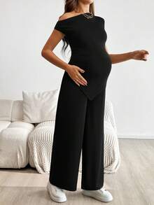 SHEIN 2 pezzi/set Maternità, top a spalle scoperte con orlo irregolare in colore unito e pantaloni a vita regolabile con gamba ampia, per uso casual quotidiano - nero - Visualizzare 7