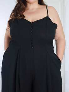 Pretty and Ole Bộ đồ liền thân ống rộng xếp ly dây nút sang trọng, thanh lịch cỡ lớn dành cho nữ, mùa xuân/hè - màu đen - Xem 3