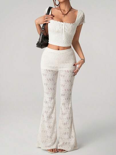 SHEIN ICON Pantalon évasé unicolore, décontracté, à la mode et sexy à imprimé floqué