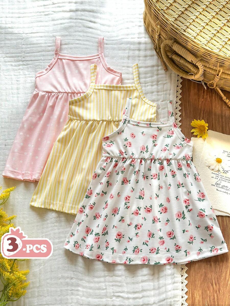 Vintaside Kids 3pcs/Set Baby Girls' Summer New 2025 Sleeveless Floral Print Dress + Solid Color Dress, Pastoral Style, Fashion Cute Dresses - Multicolor - View 1
