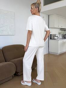 SHEIN 2件套孕妇休闲波点印花圆领落肩上衣和裤子套装，夏季 - 彩色 - 查看 2