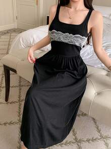 DAZY Contrast Color Lace Patchwork Waist Cinched Mid-Length Women Nightgown - Black - View 3