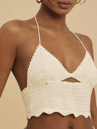 Travachic Solid Color Faux Pearl Hollow-Out Backless Knit Halter Vest