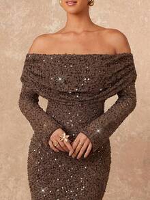 Lumalex Vestido ajustado de manga larga con hombros descubiertos y volantes en el bajo para mujeres - Marrón - Ver 4