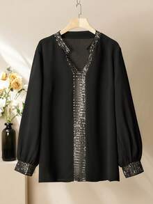 Modelyn Women's Elegant Beaded Patchwork Comfortable Plus Size 2 Pieces Set - Black - View 6