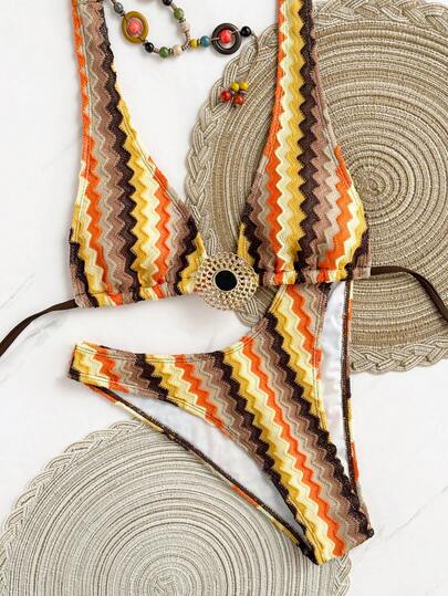 Swim Vcay Nuevo Llegada Primavera/Verano Mono con Escote Pronunciado en V, Decoración Metálica y Cordones, Adecuado para Fiesta, Té de la Tarde, Playa, Crucero, Vacaciones Románticas, Bikini de Mujer, Conjunto de Traje de Baño de Dos Piezas, Textura Ondulada Multicolor Irregular