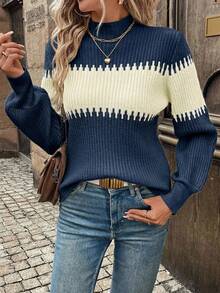 EURMUSE Turtleneck Lantern Sleeve Colorblock Knit Sweater - Multicolor - View 6