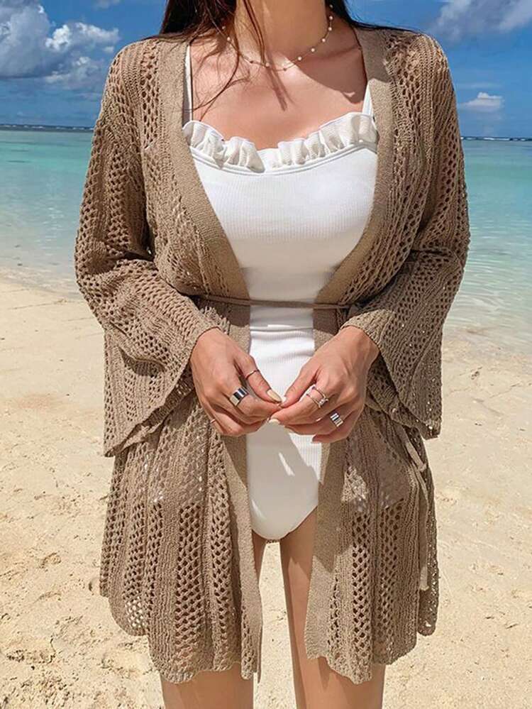 Women's Vacation Solid Color Drop Shoulder Long Sleeve Hollow Out Thin Cardigan