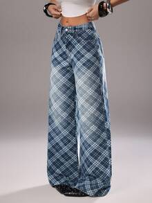 TRNVIE 时尚休闲菱格纹中腰阔腿牛仔裤 - 中等水洗藍 - 查看 3