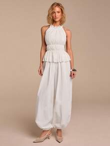 COSMINA Women's White Halter Neck Ruched Sleeveless Top, Elegant Solid Color Ruched Tank Top, Casual Vacation Y2K Romantic Date Daily Wear Halter Top - White - View 3