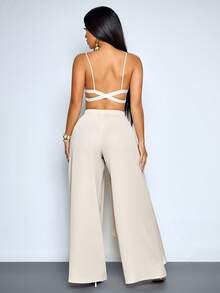 SOLERSUN Women's Elegant Layered Irregular Hem Flowy Low-Waisted Trousers - Apricot - View 2