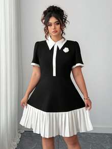 SHEIN CURVE+ Plus Size Summer Elegant Color Block Pleated Hem Dress - Black and White - View 3