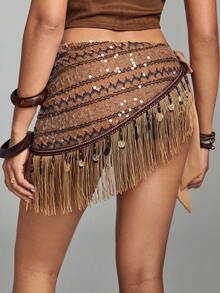 ROMWE Women's Retro Hippie Western Music Festival Sheer Glitter Fringe Hem Tie Waist Cover Up Skirt - Multicolor - View 3