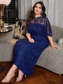 Modelyn Châle en dentelle bleu marine avec décoration de boutons de perle + Robe en dentelle à bretelles fines, Ensemble élégant et luxueux de 2 pièces - bleu indigo - Voir 7