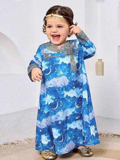 SHEIN 宽松、优雅、简约舒适的女童长袍，阿拉伯风格，长袖V领宽松长袍，适合节日、日常穿着、外出、度假等场合。