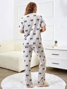 EURMUSE Cotton Bow Print Short Sleeve Pajama Set – Soft Breathable Summer Sleepwear - Grey - View 2