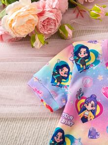 SHEIN Young Girl Letter & Cartoon Character Print Short Sleeve Top And Pants Pajama Set - Multicolor - View 5