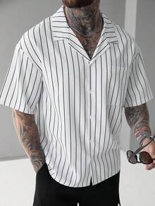 SLATEMANN 男士白色条纹沙滩休闲衬衫，春夏款 - 白色 - 查看 3