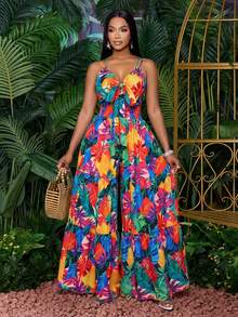 SOLERSUN 女士无袖热带印花褶皱系带前腰收紧阔腿连体裤，竹节拼接度假连体裤，镂空细节，适合海岛度假/海滩之旅（随机花卉图案） - 彩色 - 查看 2