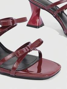 CUCCOO SZL 女士方头交叉蝴蝶结绑带粗跟凉鞋 - 酒紅色 - 查看 9