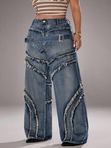 Jeanoix Jeans de pierna ancha lavados y deshilachados de talla grande - Azul - Ver 8