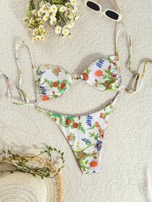 Swim Vcay New Multicolor Ditsy Floral Side Pearl Knot Tie High Cut Bikini 2-Piece Swimwear Set For Women, Beach Holiday Boho Bikini Set Floral Bathing Suit Bikini Floral Floral Bikini Set Vacation Bikini Set Floral Bikini Tropical Bikini Set - Multicolor - View 3
