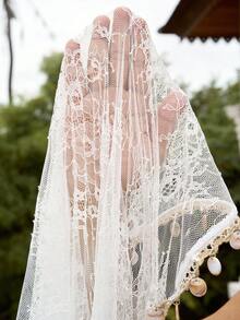 Swim Chiccia 女士蕾丝钩编镂空贝壳流苏边饰罩衫及半身裙套装 - 白色 - 查看 8