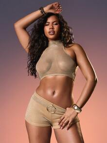 MISSGUIDED Ribbed Knit High Neck Halter Crop Top With Gold Tone Belt Detail For Summer Casual Wear - Gold - View 1