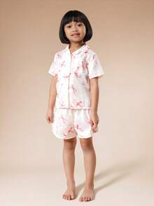 SUMWON Girls Button Down Pajama Set With Pink Bow Print Pattern Short Sleeve Collar Top Matching Shorts Sleepwear Nightwear - Baby Pink - View 6