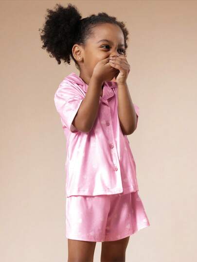 SUMWON Girls Heart Print Short Sleeve Button Up Pajama Set Soft Sleepwear Summer Nightwear