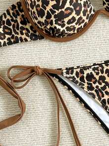 Swim Vcay 2026 Spring/Summer Spaghetti Strap Black & Brown Leopard Print Random Pattern Steel Framed Push-Up Adjustable Side High-Cut Back Tie Bikini Swimwear Set Animal Print Swimwear Vacation Bikini - Multicolor - View 5