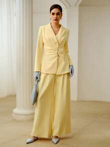 ZEYLAH WOMEN'S PRESS CREASE POCKET SUIT PANTS, WIDE LEG PANTS - Yellow - View 1