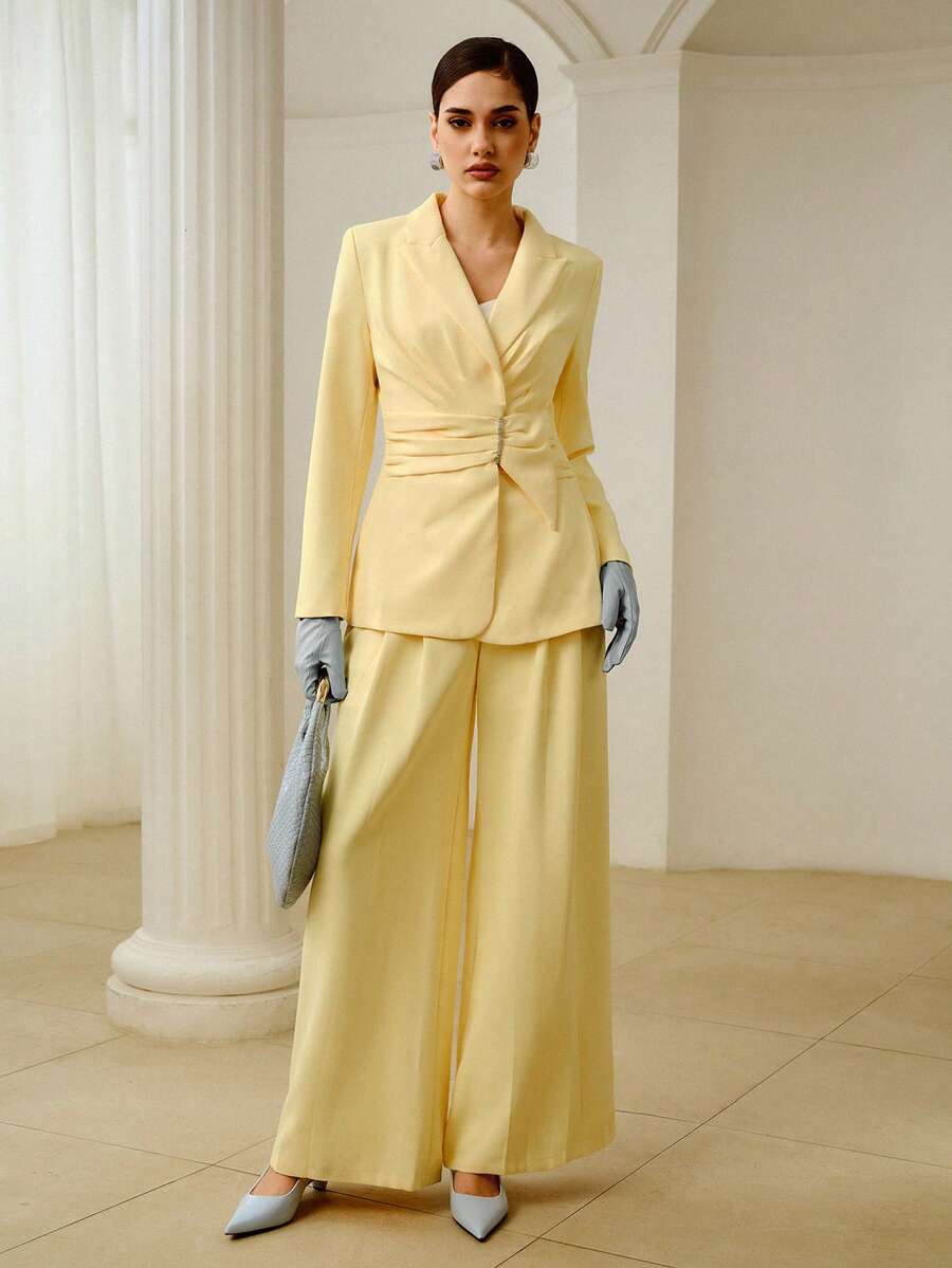 ZEYLAH WOMEN'S PRESS CREASE POCKET SUIT PANTS, WIDE LEG PANTS - Yellow - View 1