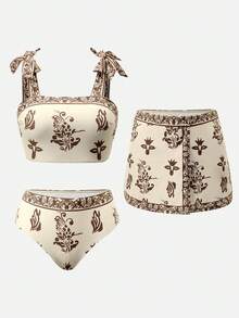 Swim Oasis 女士夏季沙滩印花休闲比基尼泳装套装（含裙子） - 彩色 - 查看 6