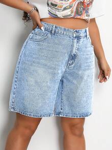 SHEIN EZwear Quần short denim thường ngày màu trơn cỡ lớn có túi, mùa hè - Rửa nhẹ - Xem 6