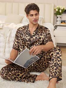 SHEIN Leopard Print Faux Silk Men's Pajama Set - Multicolor - View 2