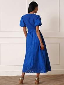 Lilora Women's Elegant Round Neck Gathered Blue Mid-Length Dress - Blue - View 2