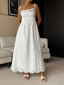 DAZY 女士纯色吊带荷叶边下摆优雅长连衣裙，夏季吊带裙 - 象牙白色 - 查看 3