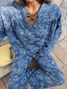 DAZY Women's Half-Zip Drop Shoulder Loose Retro Versatile 2 Pieces Set - Blue - View 1